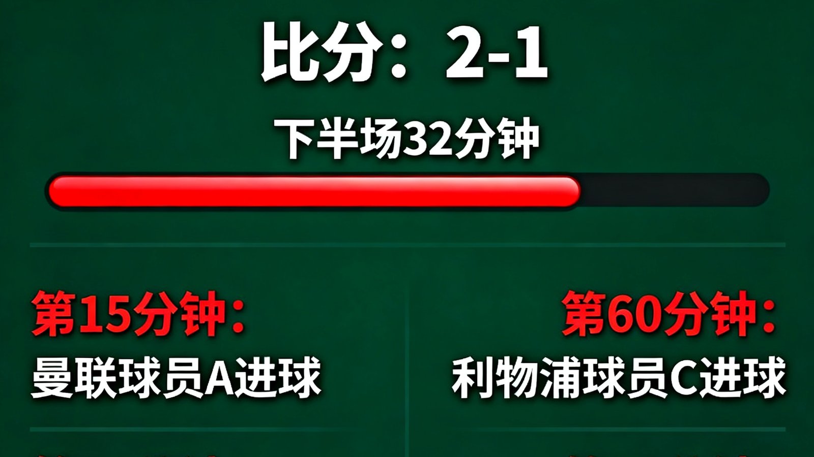 足球比赛实时面板：曼联对阵利物浦，比分2-1，下半场32分钟，显示进球和黄牌事件