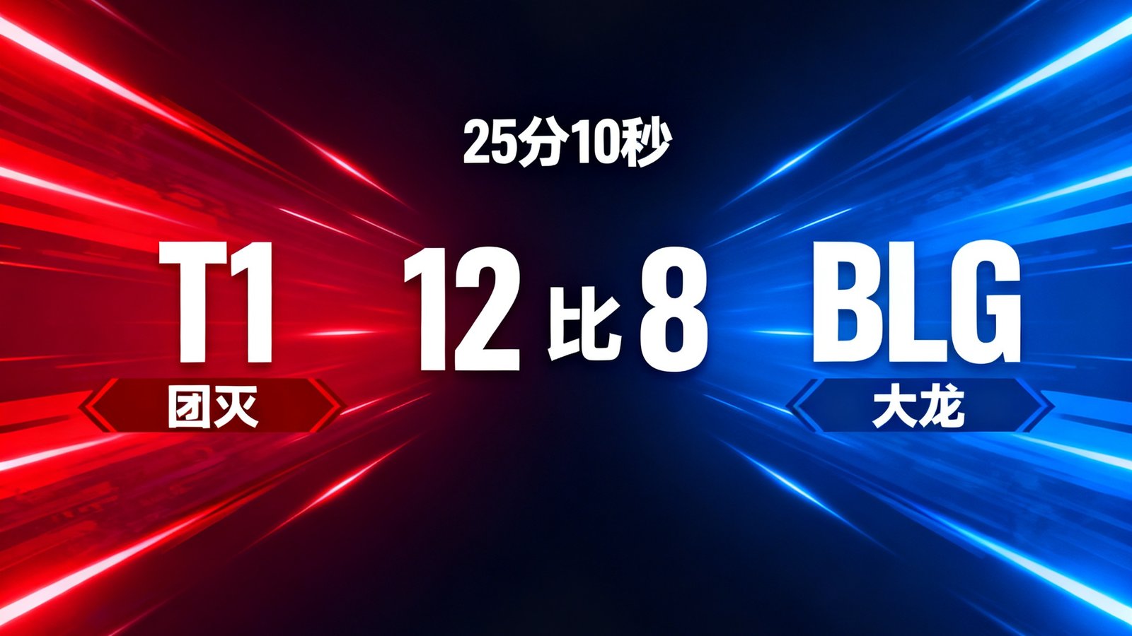 电竞比赛实时比分：T1 vs BLG，12比8，时间25分10秒，显示团灭和大龙事件