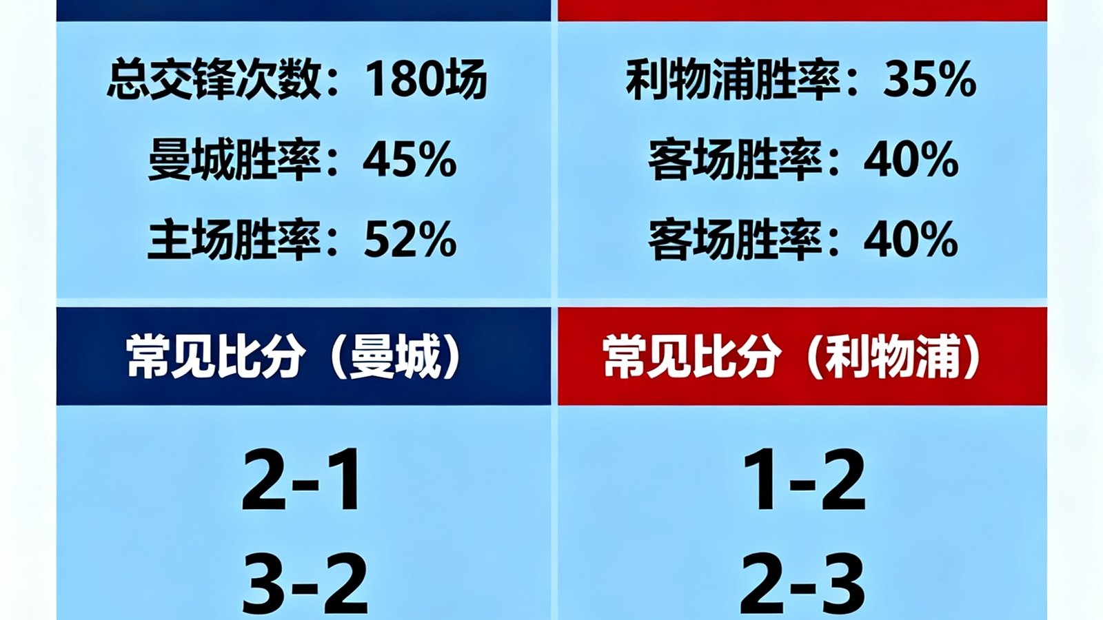 数据资料库页面展示曼城与利物浦历史交锋记录，包含胜率与常见比分